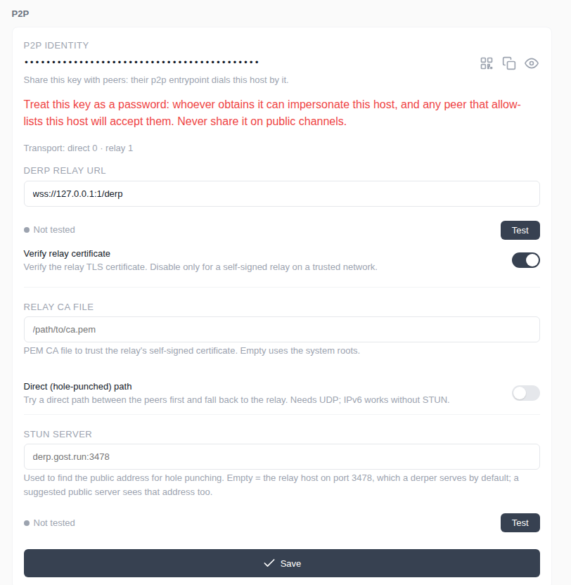Wisper Settings, P2P section: identity key, relay URL, certificate verification, direct path toggle, and STUN server fields.